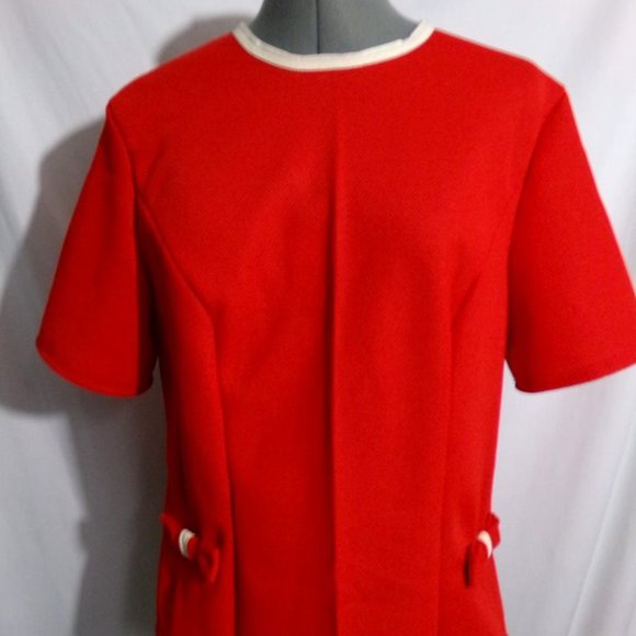 New Red bullet textured Crew neck Dressy top sz L Bow details retro style Zip up - Picture 1 of 6